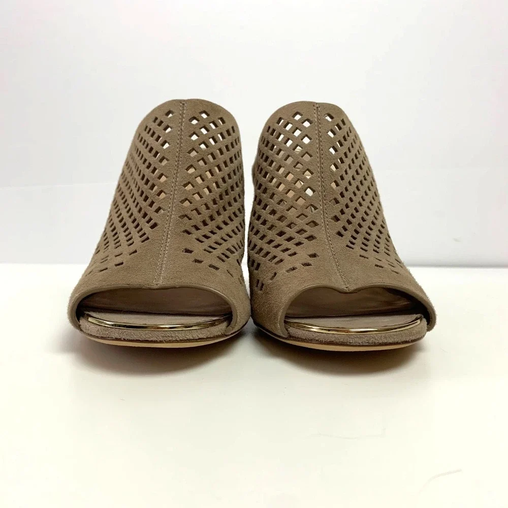 New Diane von Furstenberg Taviano Laser Cut Suede Leather Mule Sandals 6.5 Taupe